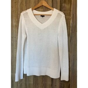 Talbots Sweater Sz L White Cotton Open Knit V-Neck Preppy Pullover Beach Resort